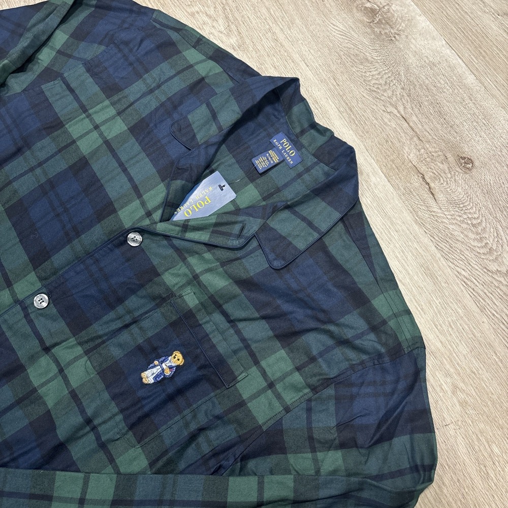Polo Ralph Lauren Pajama Top Features Green Plaid Polo Bear Logo Pocket XL NWT